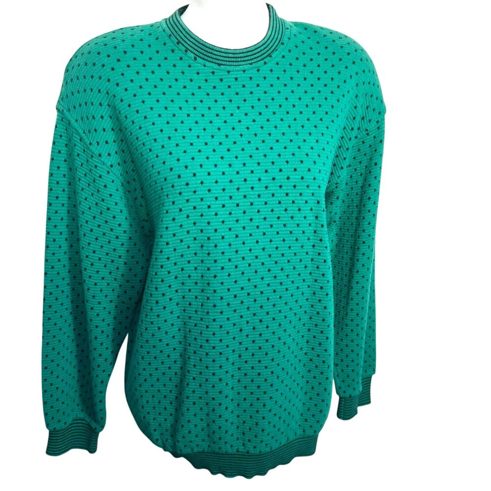 NEIMAN MARCUS Women's Small Vintage Kelly Green Polka Dot Oversized Long Sweater